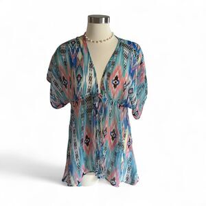 Francescas Blue Pink Geometric Tie Front Boho Blouse S/M GYD5003689C